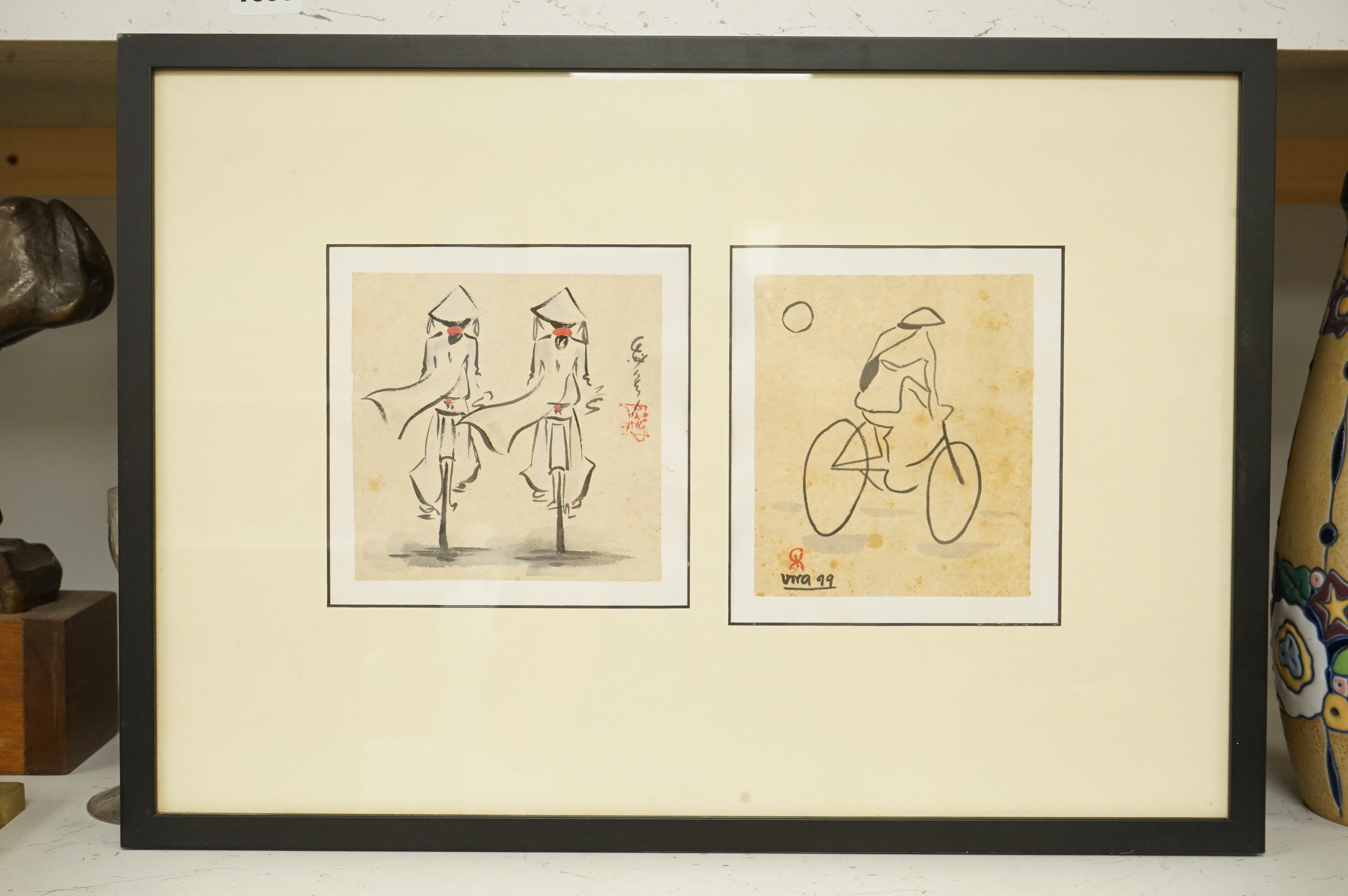 Vietnamese School, 20th century, Two studies of school girls on bicycles, each with calligraphy and red seal marks, framed together, 16 x 14cm